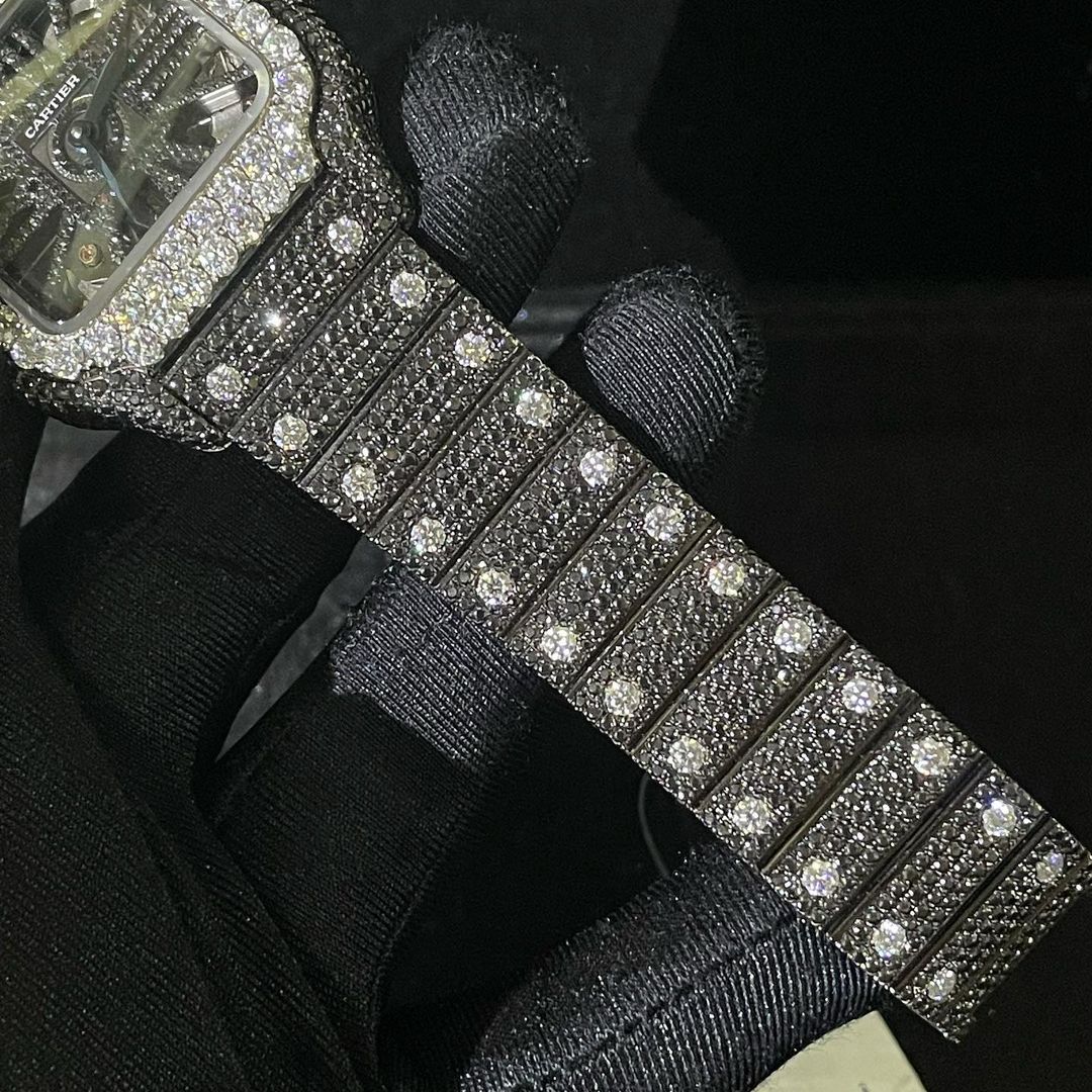 Cartier Santos Skeleton VVS Black Moissanite Diamond Iced Out Watch