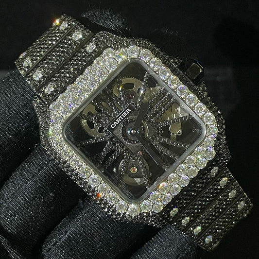 Cartier Santos Skeleton VVS Black Moissanite Diamond Iced Out Watch