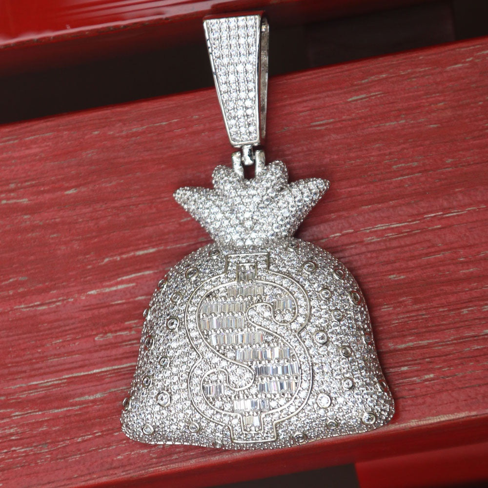 Custom Hand Made Money Bag Iced Out Pendant 925 Sterling Silver Moissanite Diamond / Initial Name Custom Pendant / HipHop Jewelry / Cross Pendant