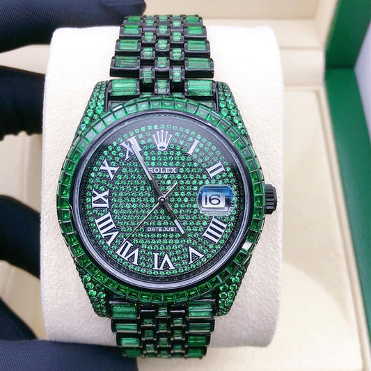 Rolex Datejust Jubilee Green Sapphire Diamond Iced Out Watch