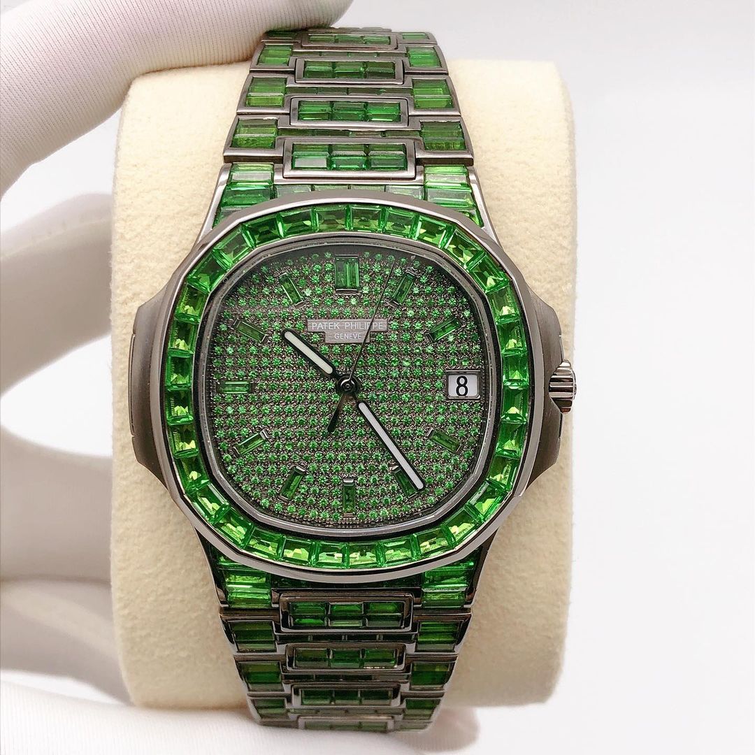 Patek Philippe Geneve Green Baguette Sapphire Diamond Iced Out Watch