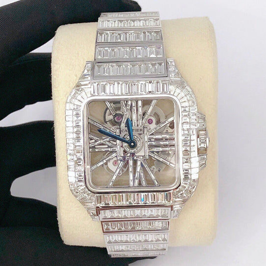 Cartier Santos Skeleton Baguette VVS Moissanite Diamond Iced Out Watch