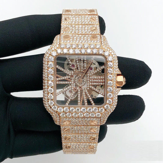 Cartier Santos Skeleton VVS Moissanite Diamond Iced Out Watch