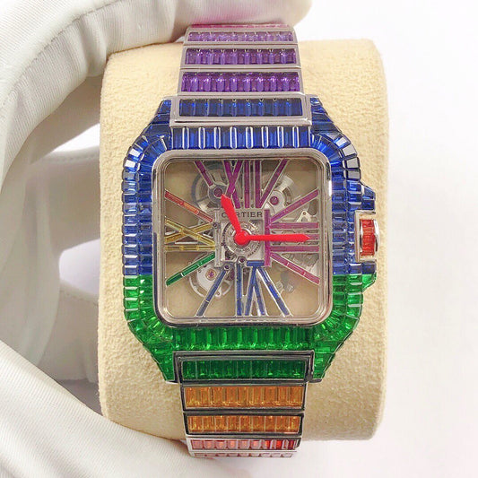 Cartier Santos Skeleton Rainbow Baguette Color Stone Diamond Iced Out Watch