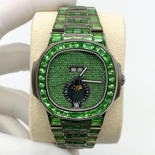 Patek Philippe Geneve Green Baguette Sapphire Diamond Iced Out Watch