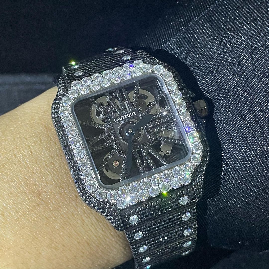 Cartier Santos Skeleton VVS Black Moissanite Diamond Iced Out Watch