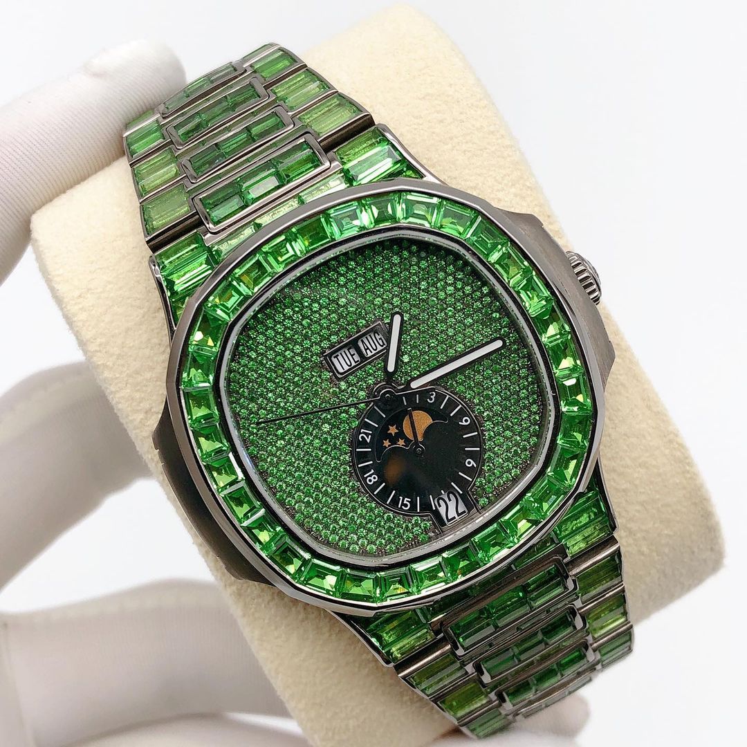 Patek Philippe Geneve Green Baguette Sapphire Diamond Iced Out Watch