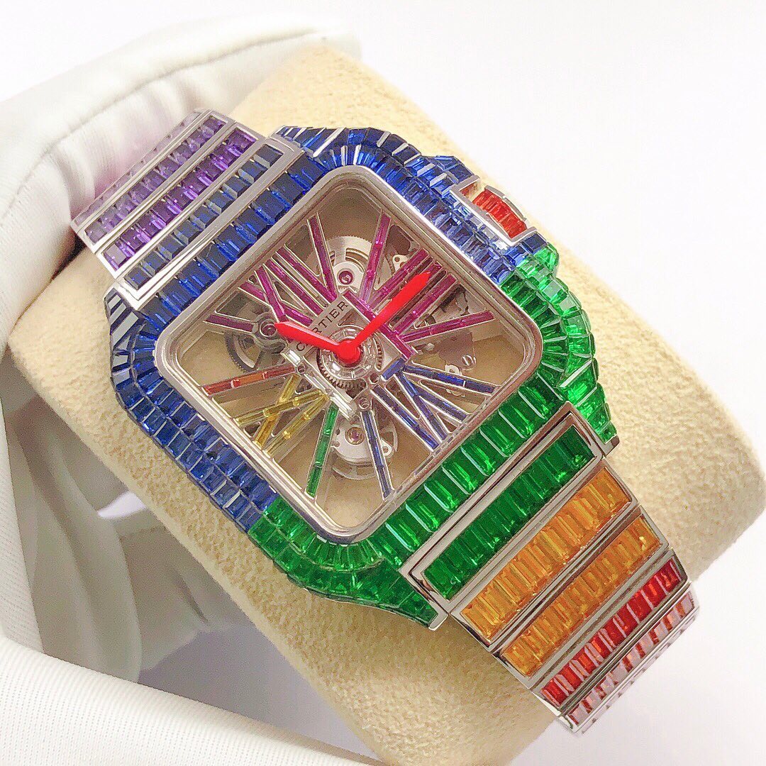 Cartier Santos Skeleton Rainbow Baguette Color Stone Diamond Iced Out Watch