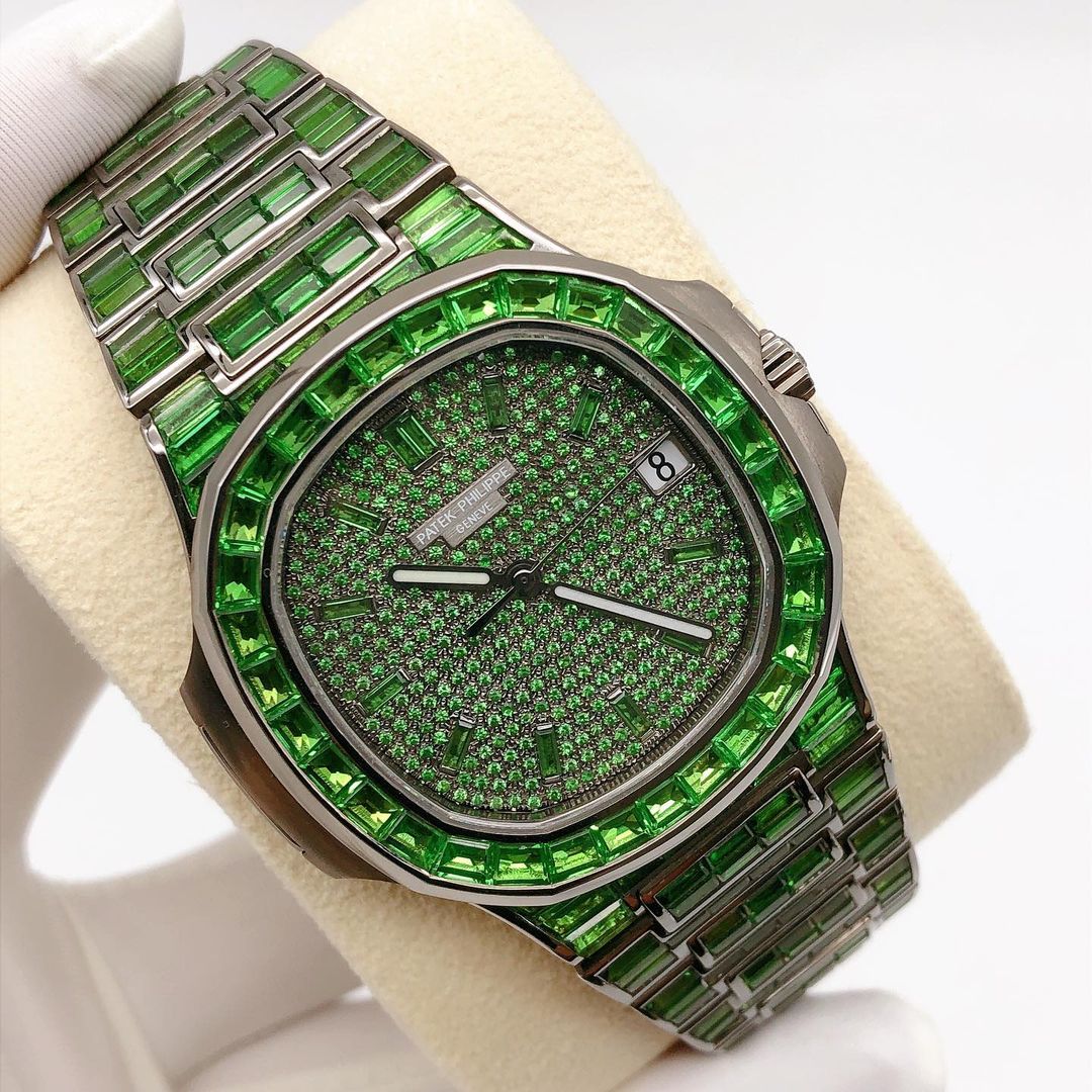 Patek Philippe Geneve Green Baguette Sapphire Diamond Iced Out Watch