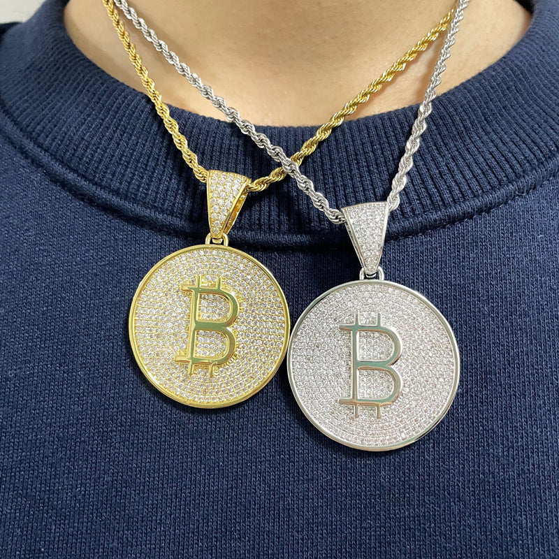 Custom Hand Made Bitcoin Medalian Iced Out Pendant 925 Sterling Silver Moissanite Diamond / Initial Name Custom Pendant / HipHop Jewelry / Cross Pendant