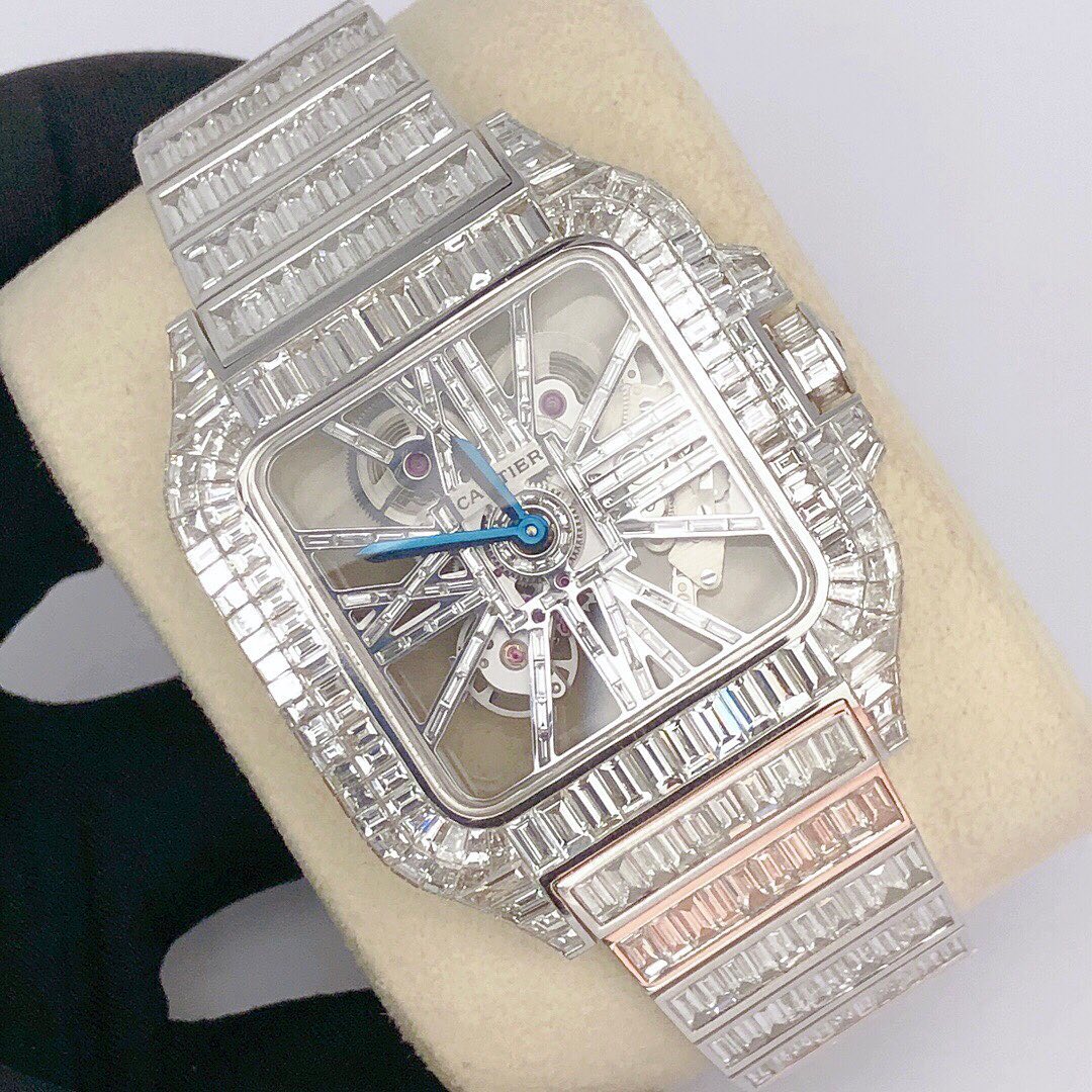 Cartier Santos Skeleton Baguette VVS Moissanite Diamond Iced Out Watch