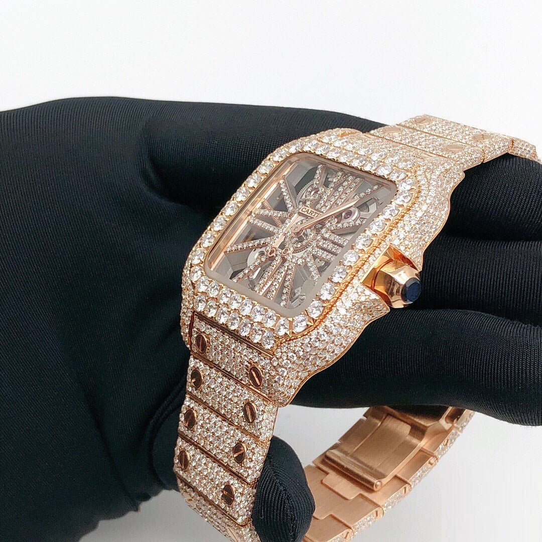 Cartier Santos Skeleton VVS Moissanite Diamond Iced Out Watch