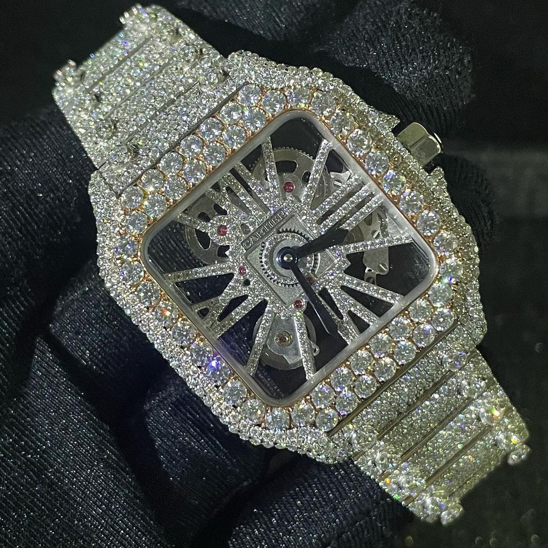 Cartier Santos Skeleton VVS Moissanite Diamond Iced Out Watch