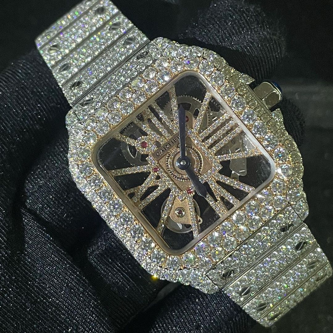 Cartier Santos Skeleton VVS Moissanite Diamond Iced Out Watch