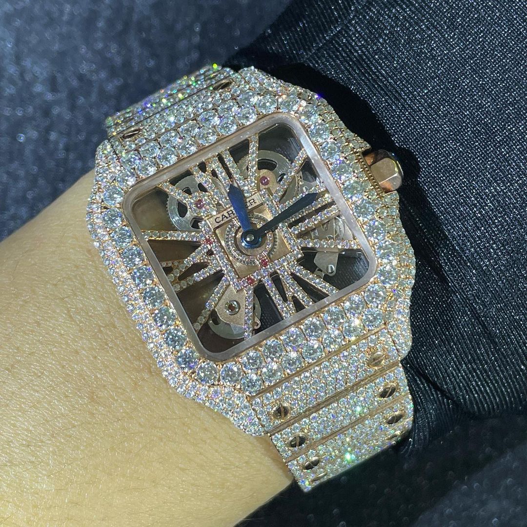 Cartier Santos Skeleton VVS Moissanite Diamond Iced Out Watch