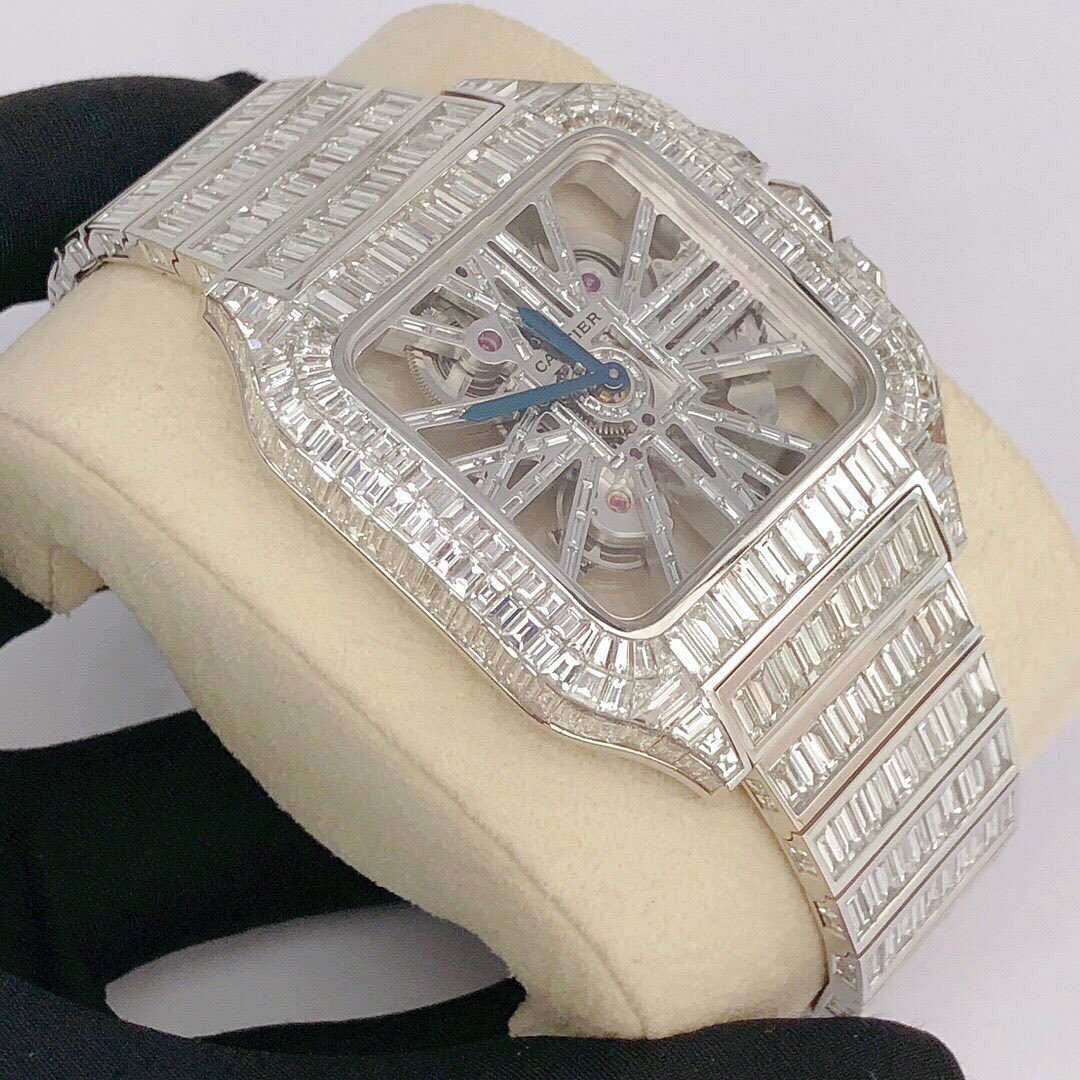 Cartier Santos Skeleton Baguette VVS Moissanite Diamond Iced Out Watch