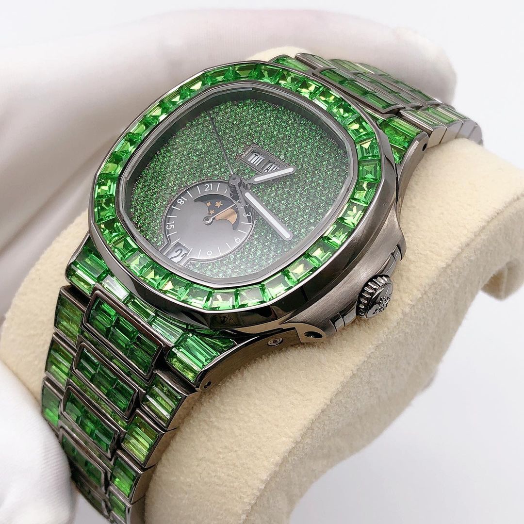 Patek Philippe Geneve Green Baguette Sapphire Diamond Iced Out Watch