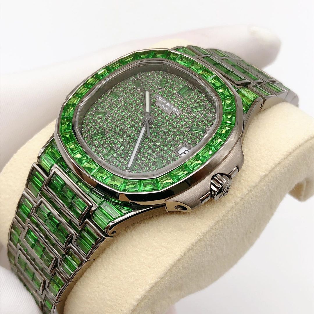 Patek Philippe Geneve Green Baguette Sapphire Diamond Iced Out Watch