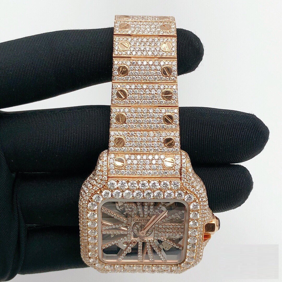 Cartier Santos Skeleton VVS Moissanite Diamond Iced Out Watch