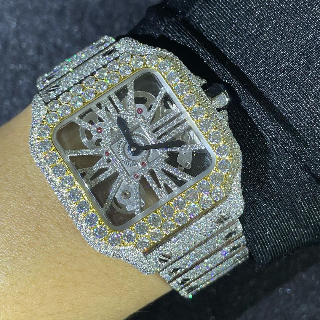 Cartier Santos Skeleton VVS Moissanite Diamond Iced Out Watch