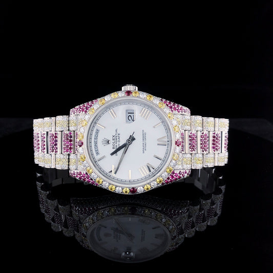 Rolex Daydate VVS Colorstone Diamond Iced Out Watch