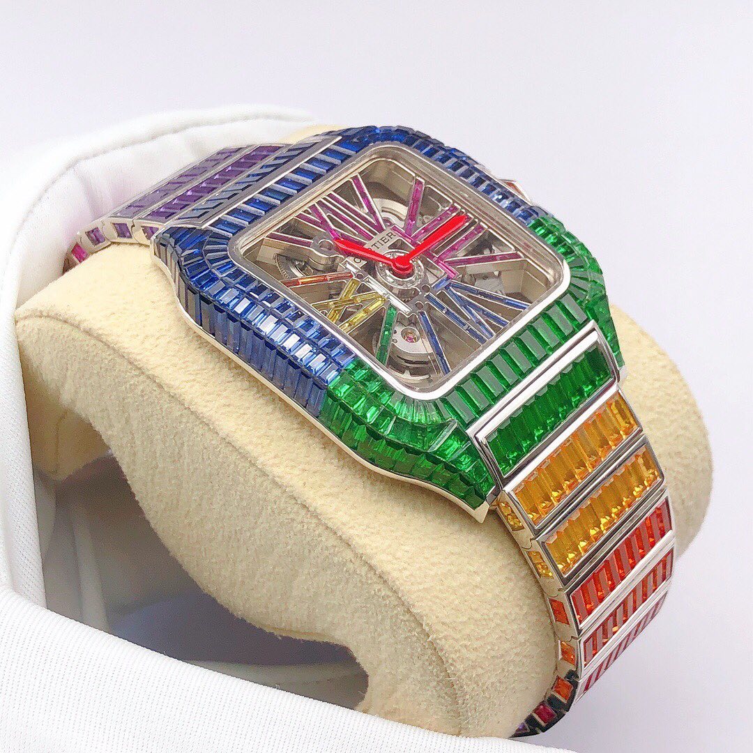 Cartier Santos Skeleton Rainbow Baguette Color Stone Diamond Iced Out Watch