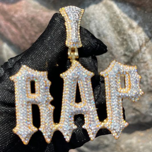 Custom Hand Made RAP Name Plate Iced Out Pendant 925 Sterling Silver Moissanite Diamond / Initial Name Custom Pendant / HipHop Jewelry / Cross Pendant