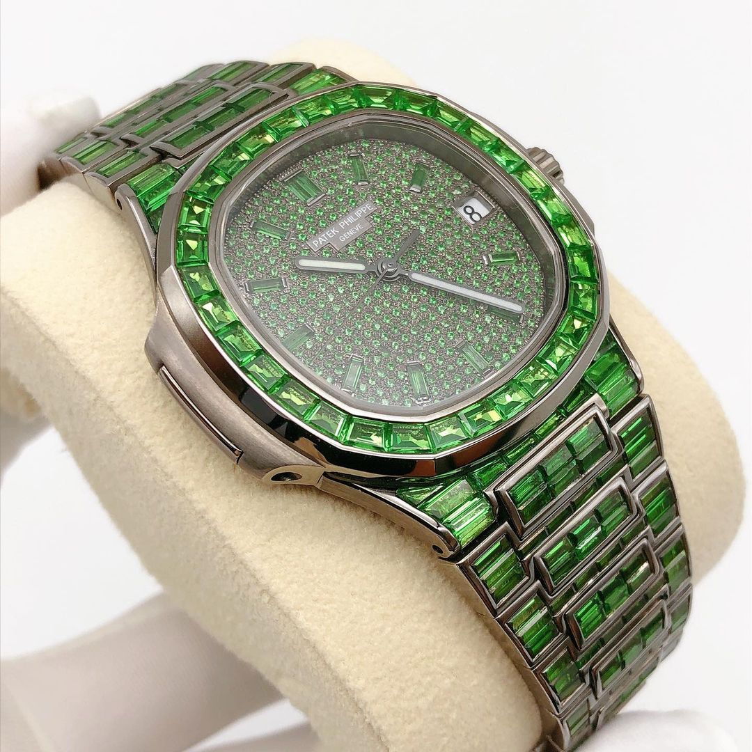 Patek Philippe Geneve Green Baguette Sapphire Diamond Iced Out Watch