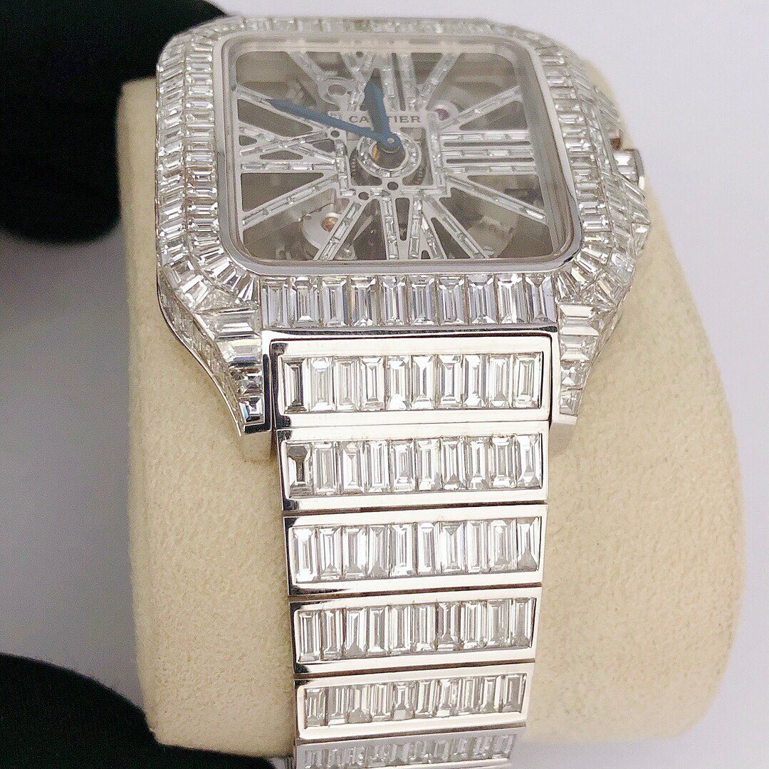 Cartier Santos Skeleton Baguette VVS Moissanite Diamond Iced Out Watch