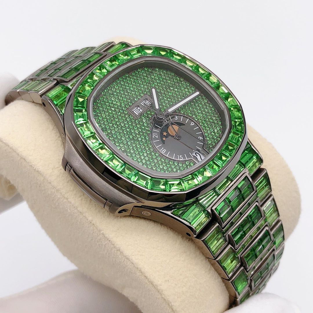 Patek Philippe Geneve Green Baguette Sapphire Diamond Iced Out Watch