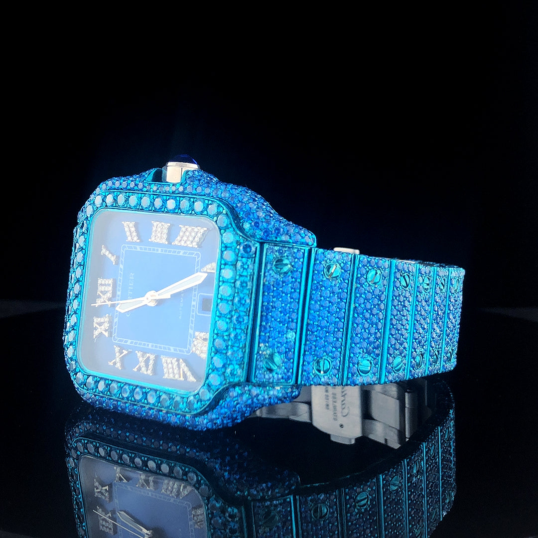 Cartier Santos VVS Sapphire Colorstone Diamond Customized Design Iced Out Watch