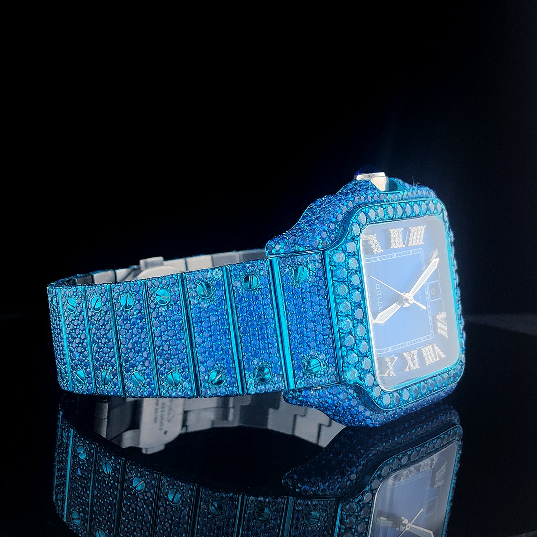 Cartier Santos VVS Sapphire Colorstone Diamond Customized Design Iced Out Watch