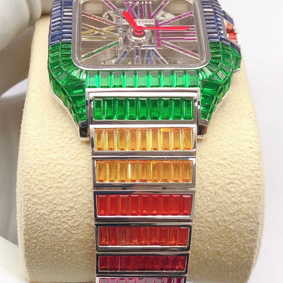 Cartier Santos Skeleton Rainbow Baguette Color Stone Diamond Iced Out Watch