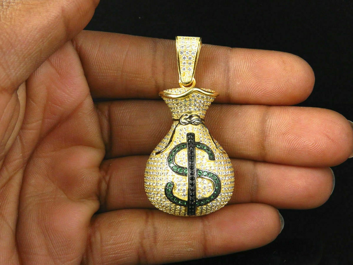 Custom Hand Made Money Bag Iced Out Pendant 925 Sterling Silver Moissanite Diamond / Initial Name Custom Pendant / HipHop Jewelry / Cross Pendant