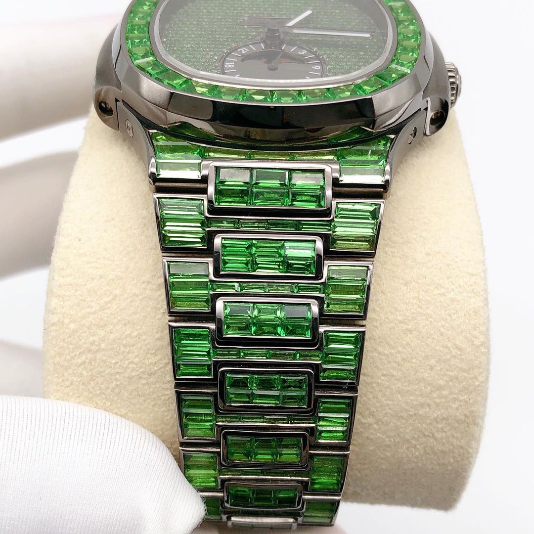 Patek Philippe Geneve Green Baguette Sapphire Diamond Iced Out Watch