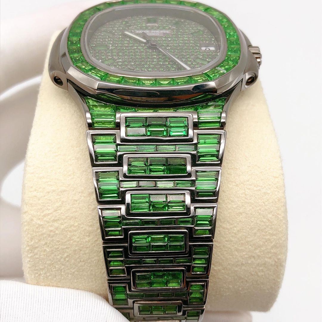 Patek Philippe Geneve Green Baguette Sapphire Diamond Iced Out Watch