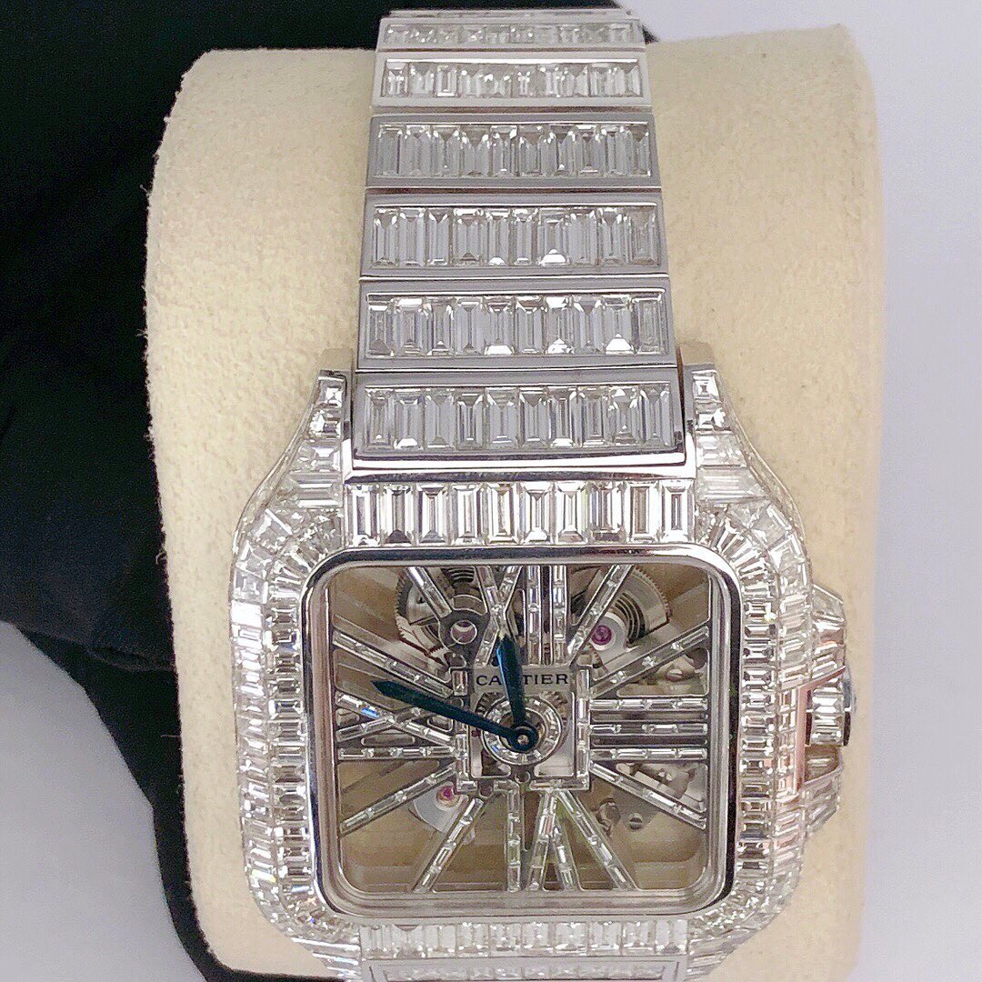 Cartier Santos Skeleton Baguette VVS Moissanite Diamond Iced Out Watch