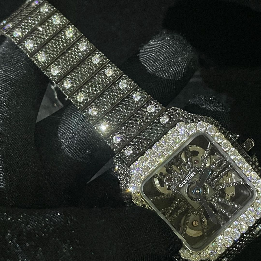 Cartier Santos Skeleton VVS Black Moissanite Diamond Iced Out Watch