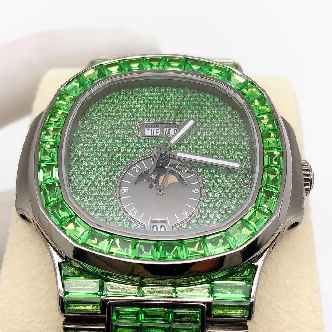 Patek Philippe Geneve Green Baguette Sapphire Diamond Iced Out Watch