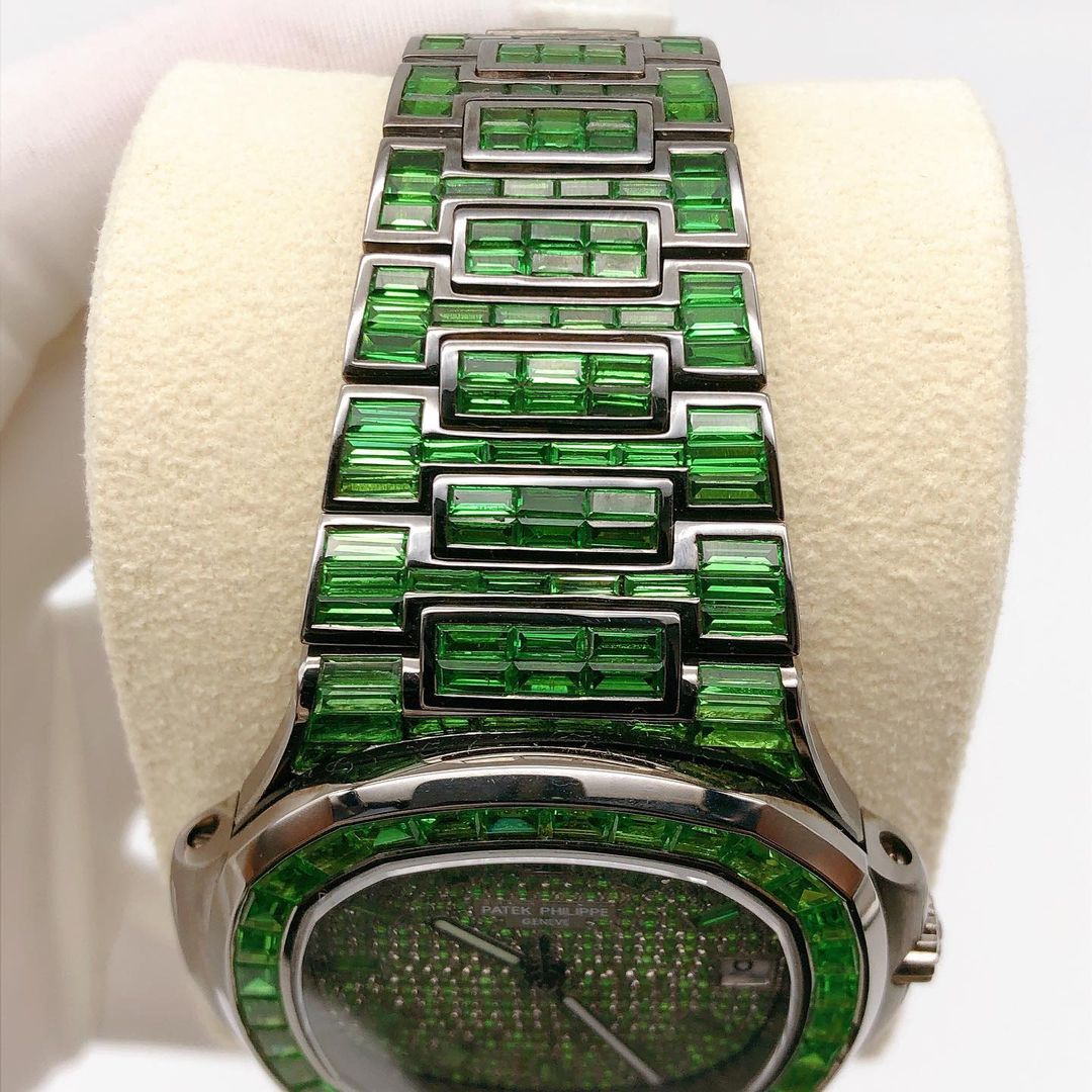 Patek Philippe Geneve Green Baguette Sapphire Diamond Iced Out Watch