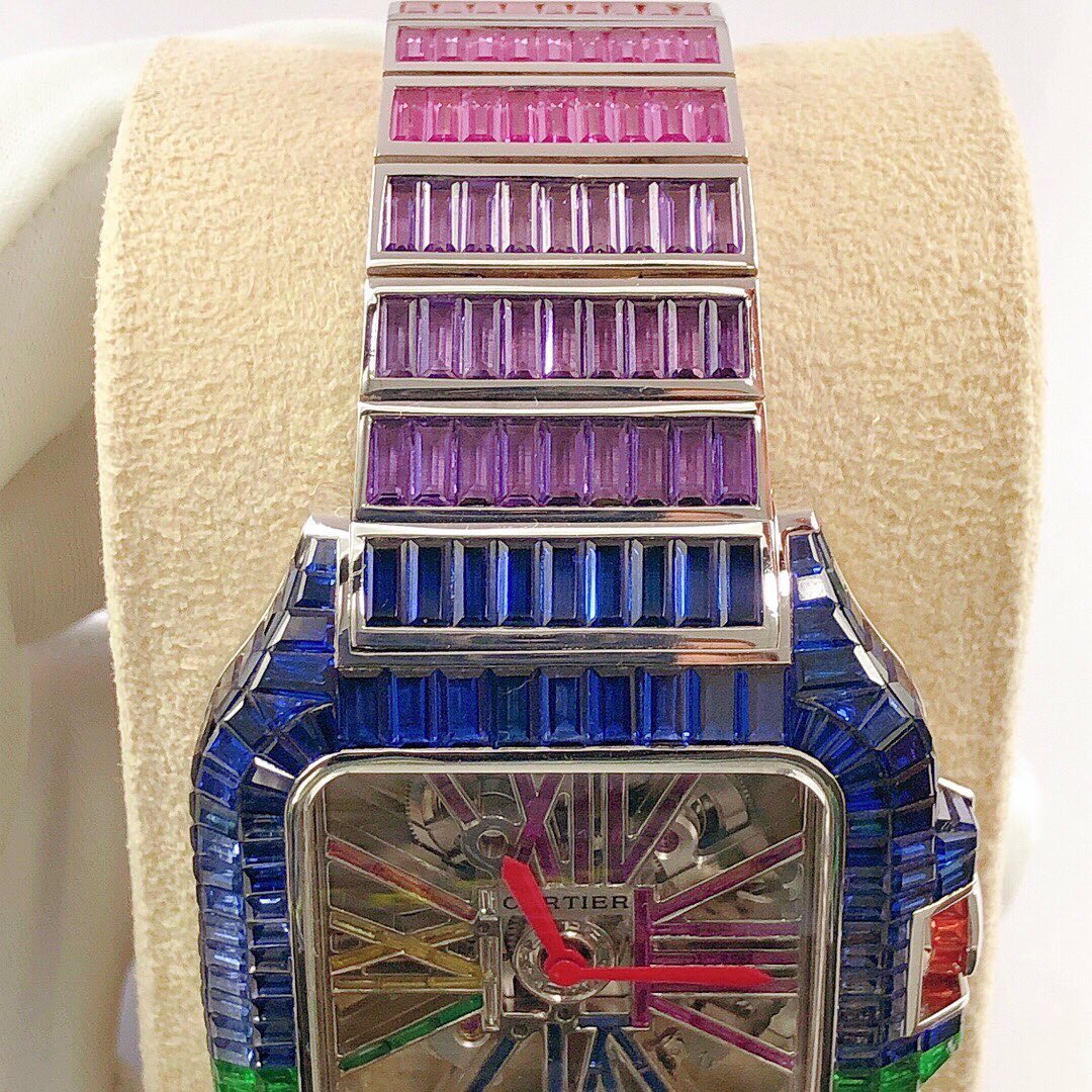 Cartier Santos Skeleton Rainbow Baguette Color Stone Diamond Iced Out Watch