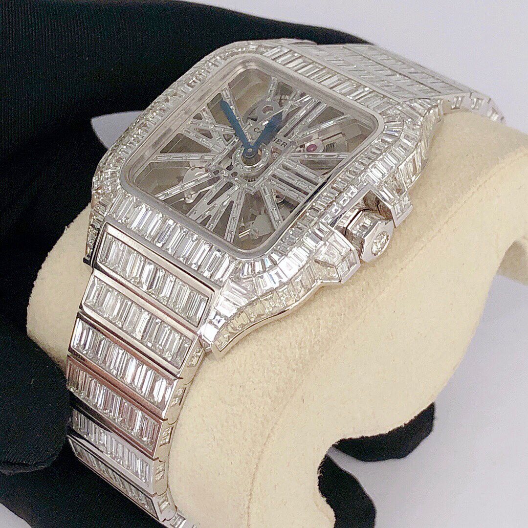 Cartier Santos Skeleton Baguette VVS Moissanite Diamond Iced Out Watch