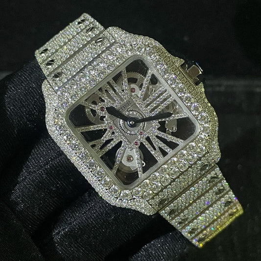 Cartier Santos Skeleton VVS Moissanite Diamond Iced Out Watch