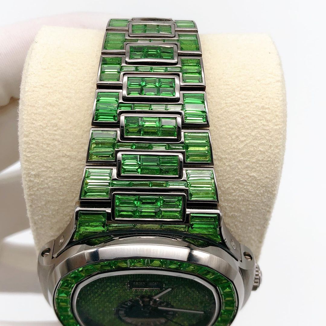 Patek Philippe Geneve Green Baguette Sapphire Diamond Iced Out Watch