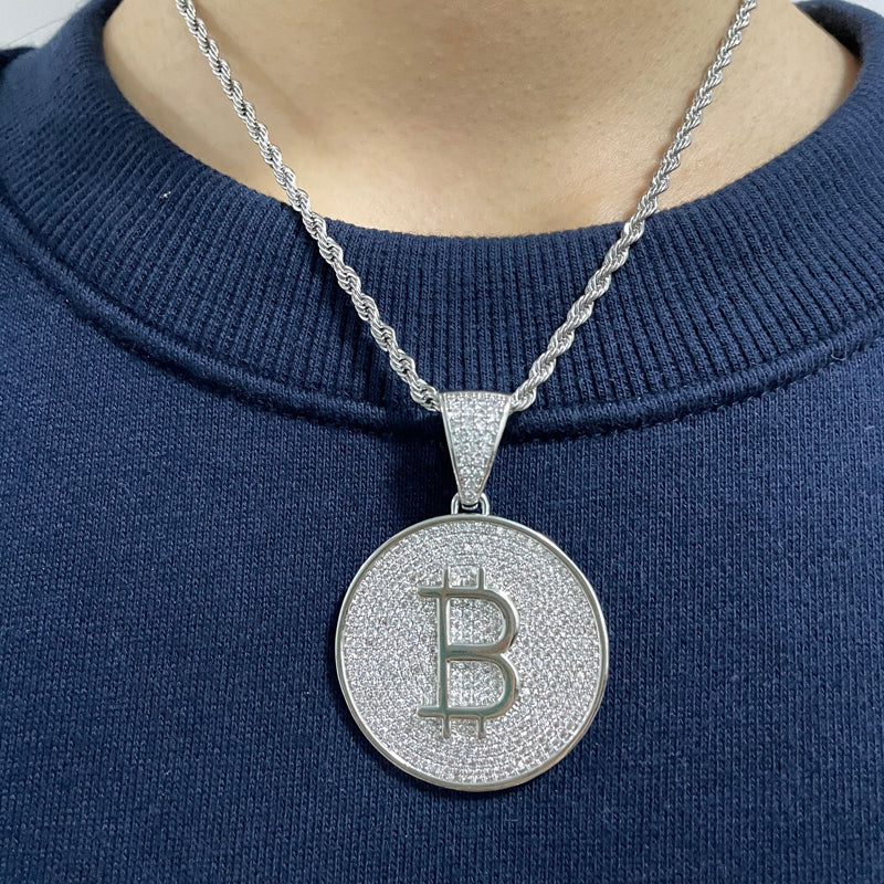 Custom Hand Made Bitcoin Medalian Iced Out Pendant 925 Sterling Silver Moissanite Diamond / Initial Name Custom Pendant / HipHop Jewelry / Cross Pendant