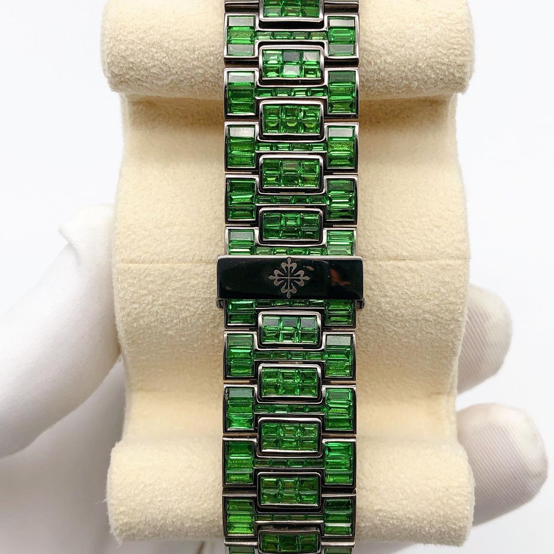 Patek Philippe Geneve Green Baguette Sapphire Diamond Iced Out Watch