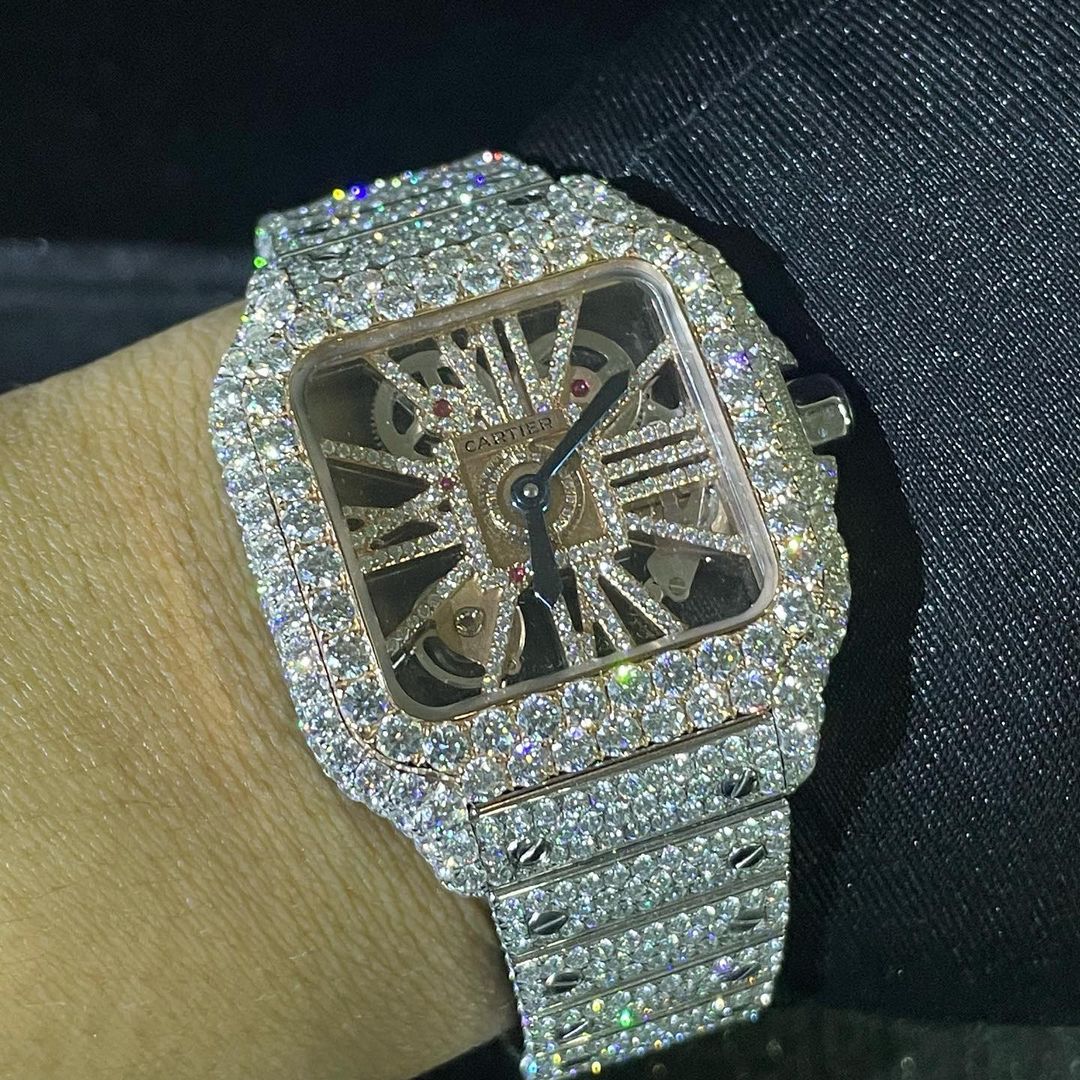 Cartier Santos Skeleton VVS Moissanite Diamond Iced Out Watch