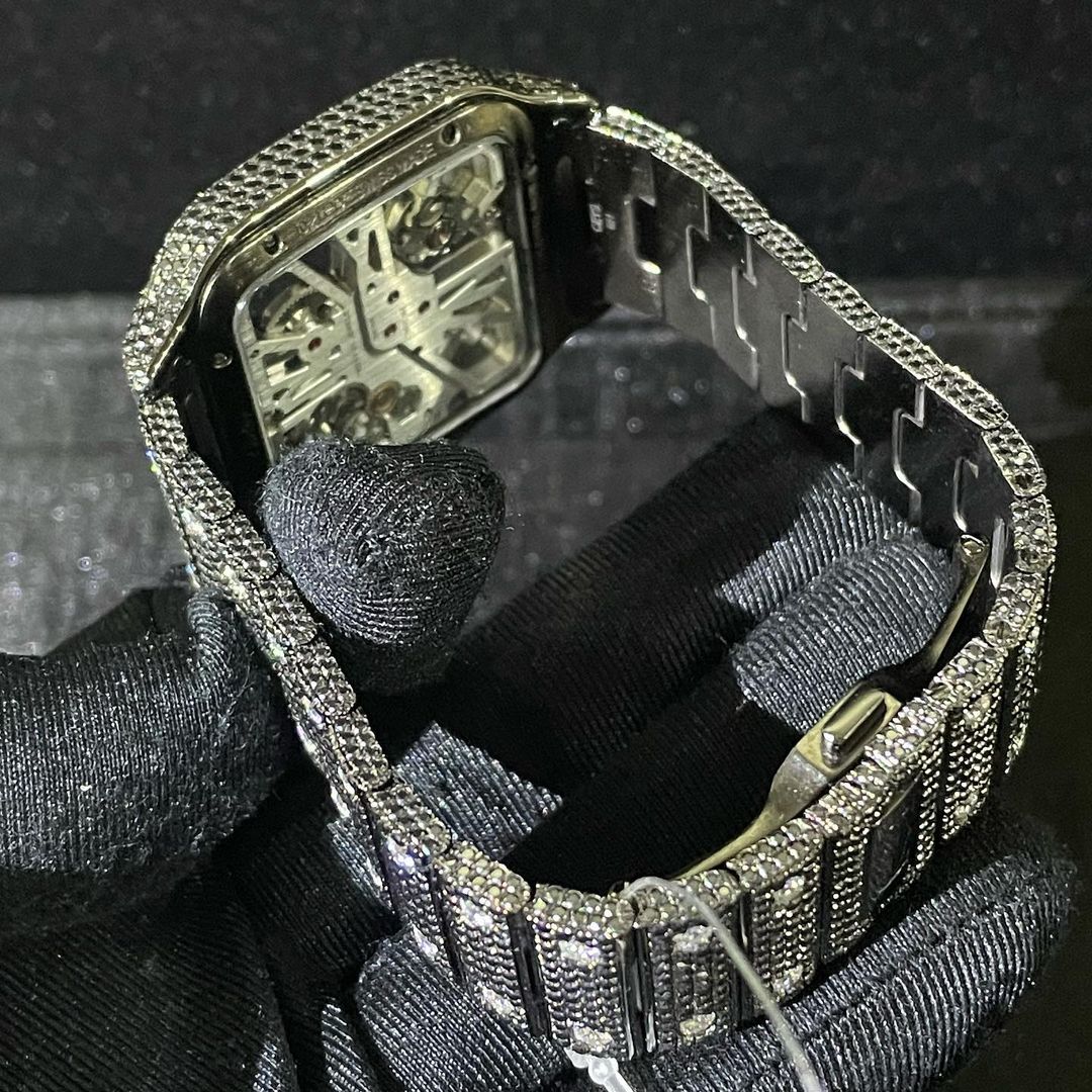 Cartier Santos Skeleton VVS Black Moissanite Diamond Iced Out Watch