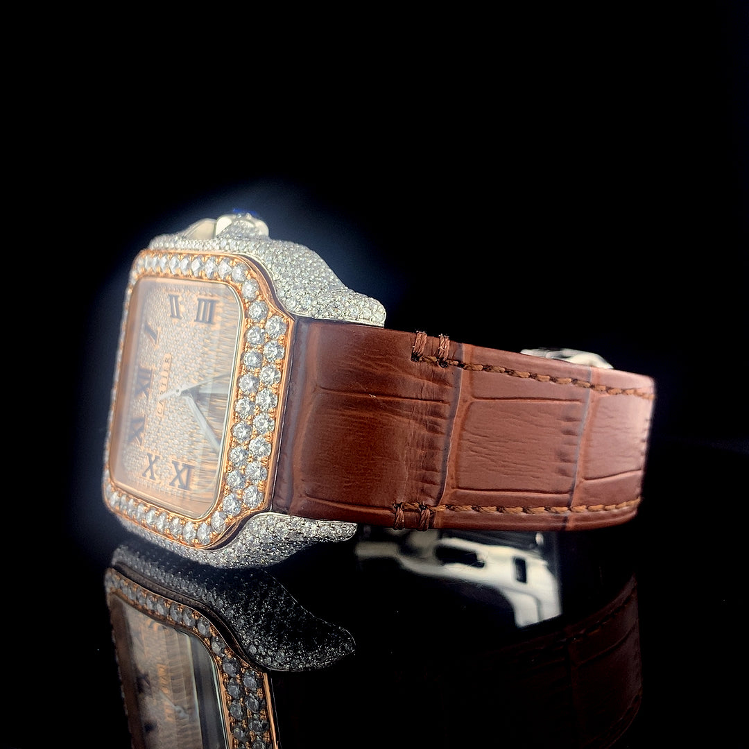 Cartier Santos Leather Belt VVS Moissanite Diamond Iced Out Watch