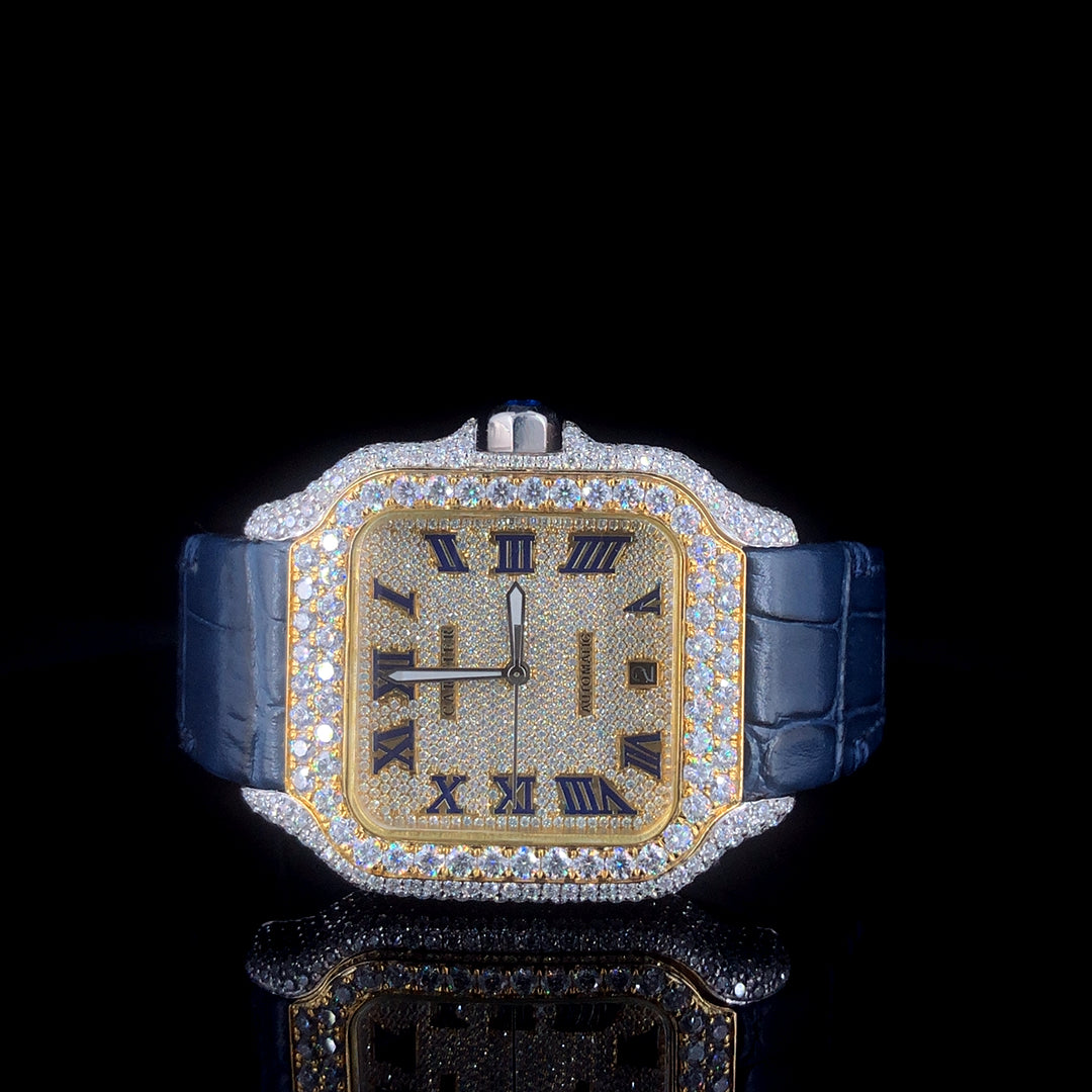 Cartier Santos Leather Belt VVS Moissanite Diamond Iced Out Watch